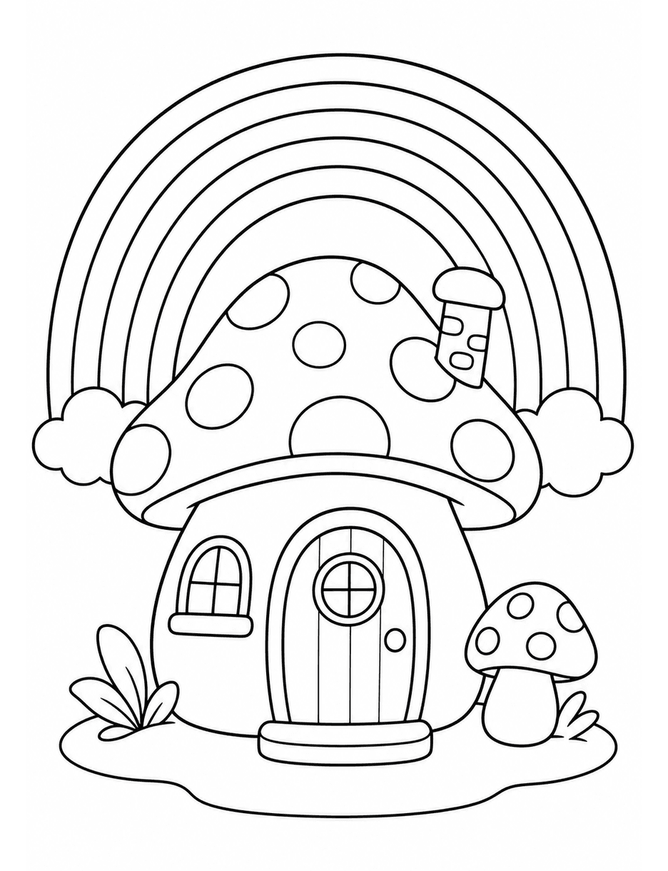 Rainbow Over A Cozy Mushroom House printable coloring page from the rainbow coloring page collection