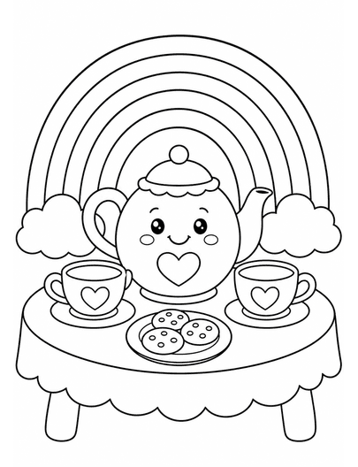 Rainbow Over A Cozy Tea Party Table printable coloring page from the rainbow coloring page collection