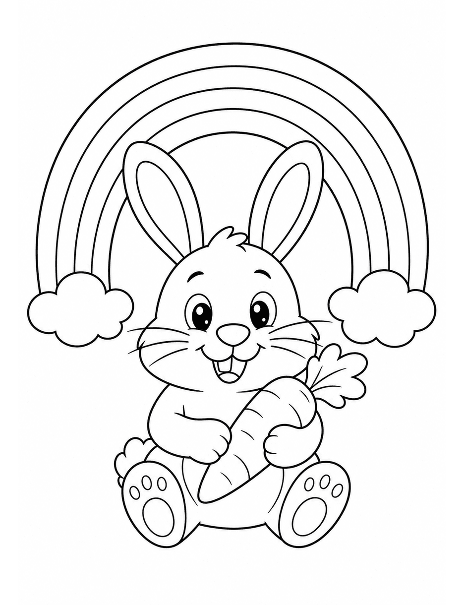 Rainbow Over A Friendly Bunny With A Carrot printable coloring page from the rainbow coloring page collection