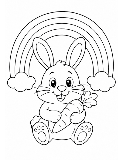 Rainbow Over A Friendly Bunny With A Carrot printable coloring page from the rainbow coloring page collection