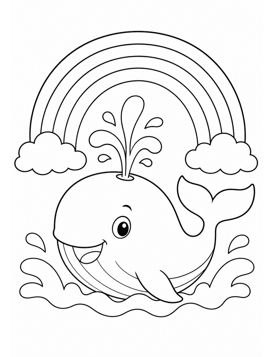 Rainbow Over A Friendly Whale Splash printable coloring page from the rainbow coloring page collection