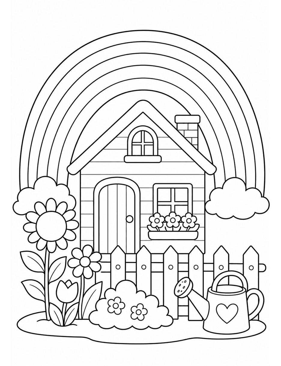 Rainbow Over A Little Farmhouse Garden printable coloring page from the rainbow coloring page collection