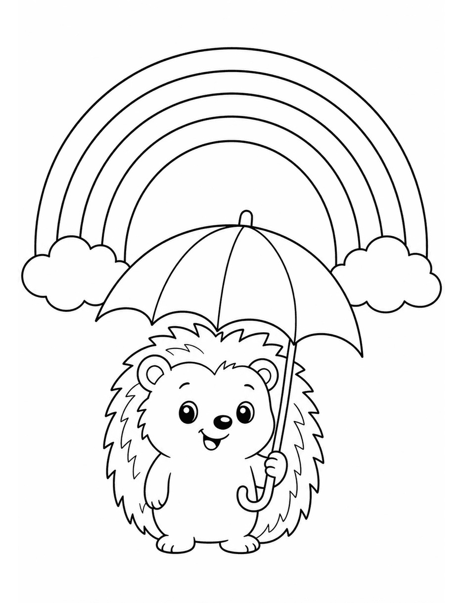 Rainbow Over A Little Hedgehog With Umbrella printable coloring page from the rainbow coloring page collection