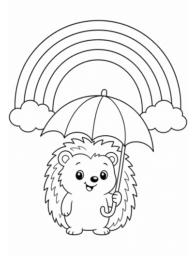 Rainbow Over A Little Hedgehog With Umbrella printable coloring page from the rainbow coloring page collection