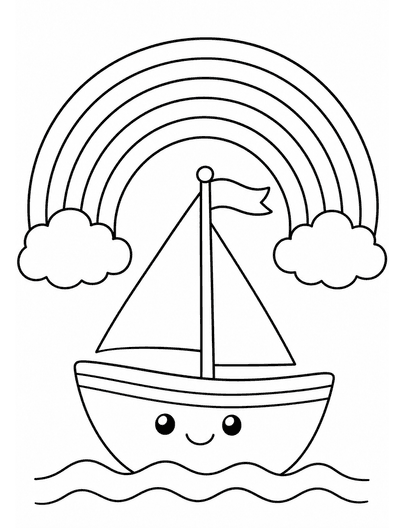 Rainbow Over A Little Sailboat With A Flag printable coloring page from the rainbow coloring page collection