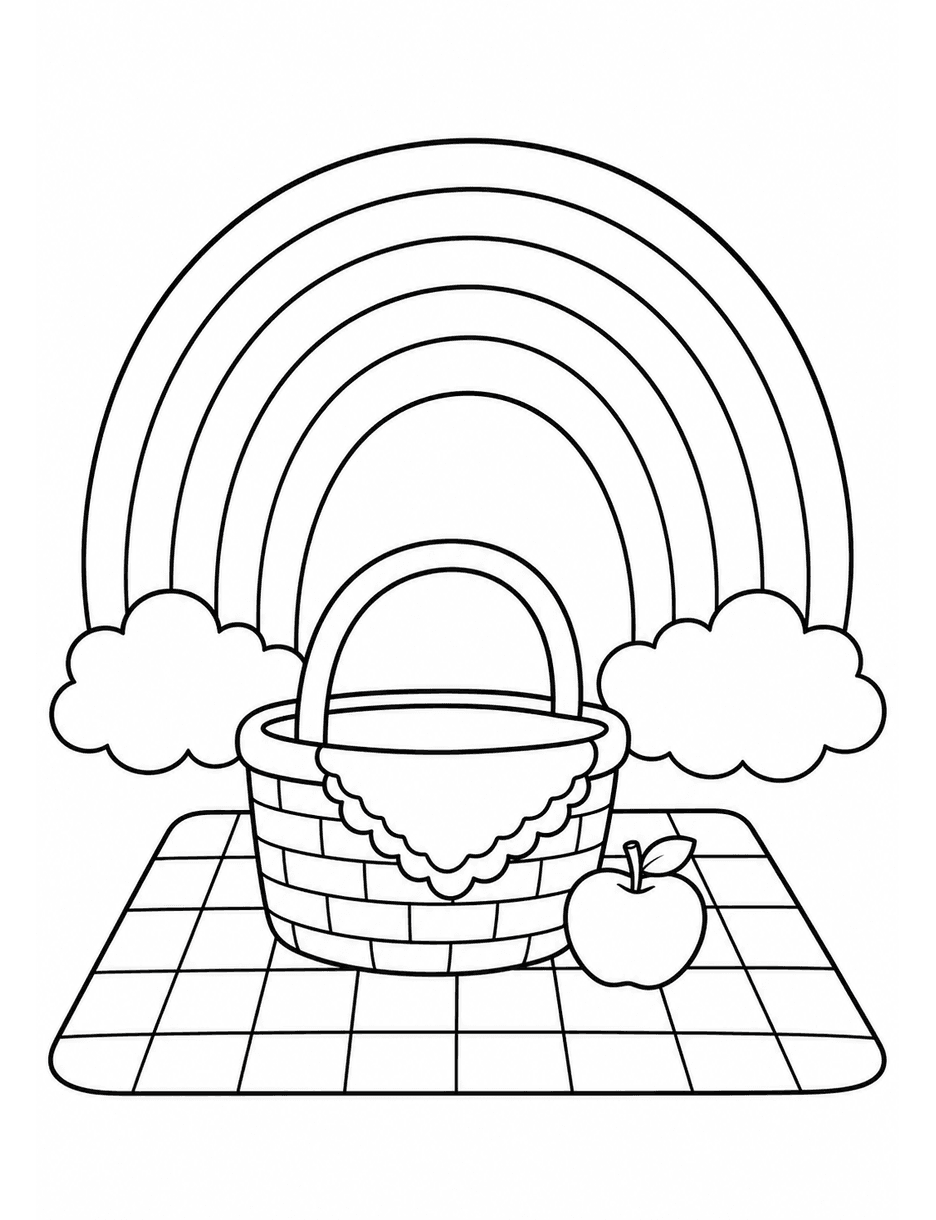 Rainbow Over A Picnic Blanket In The Park printable coloring page from the rainbow coloring page collection