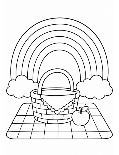 Rainbow Over A Picnic Blanket In The Park printable coloring page from the rainbow coloring page collection
