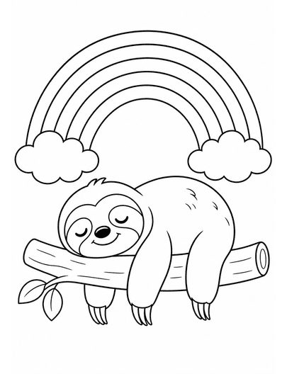 Rainbow Over A Sleepy Sloth On A Branch printable coloring page from the rainbow coloring page collection
