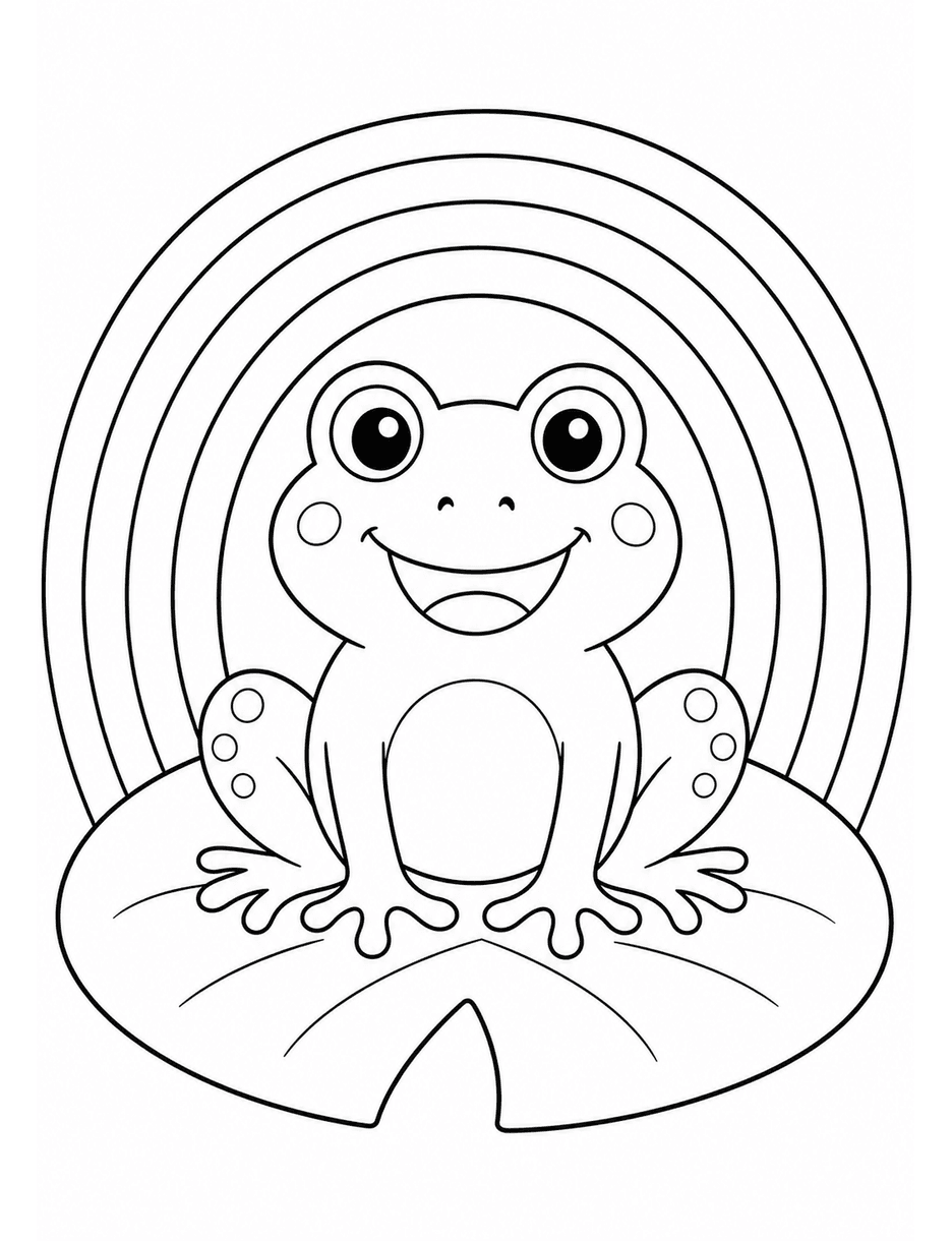Rainbow Over A Smiling Frog On A Lily Pad printable coloring page from the rainbow coloring page collection