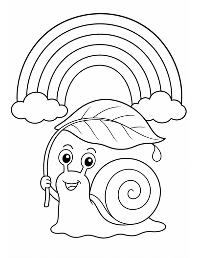Rainbow Over A Snail With A Leaf Umbrella printable coloring page from the rainbow coloring page collection