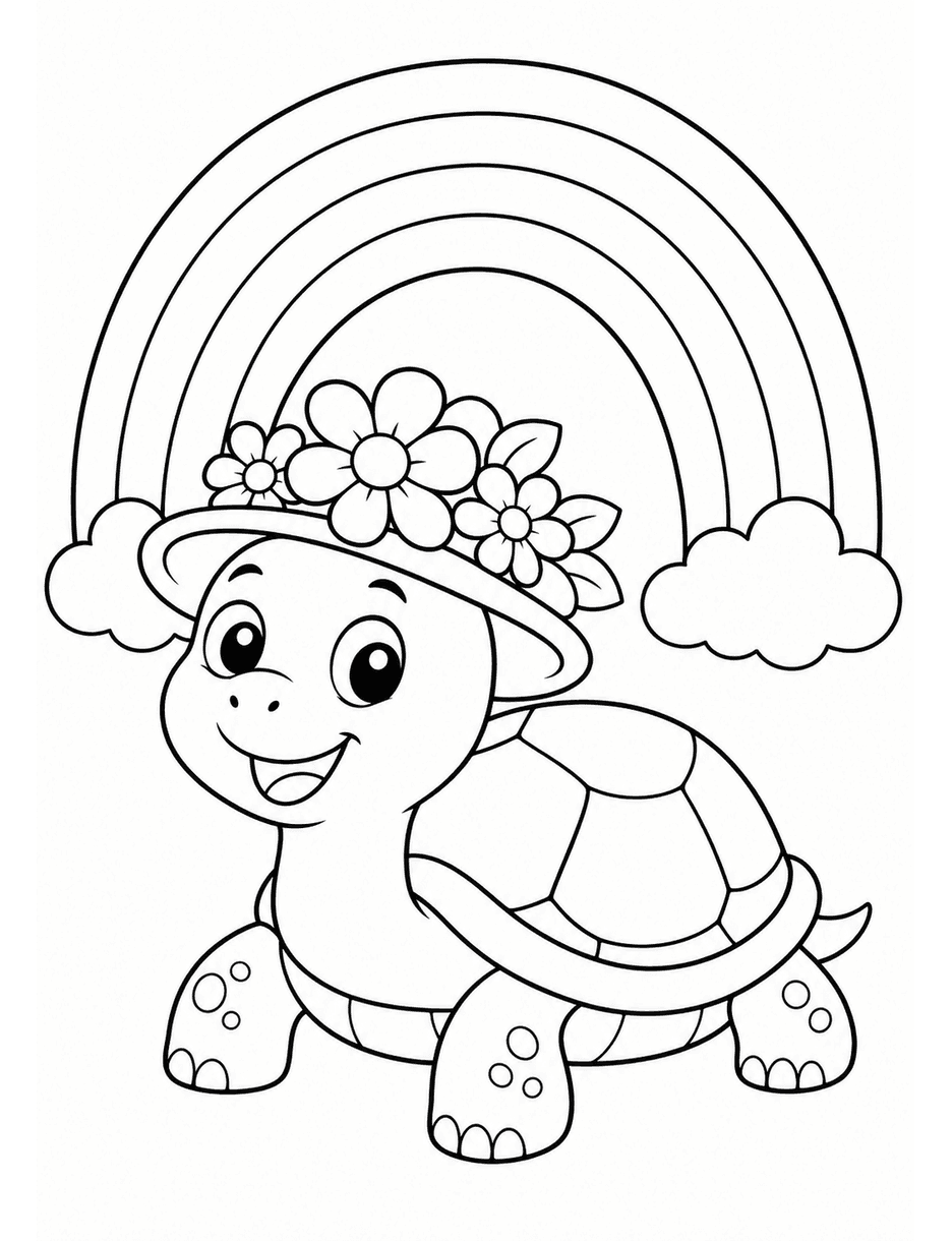 Rainbow Over A Turtle With A Flower Hat printable coloring page from the rainbow coloring page collection