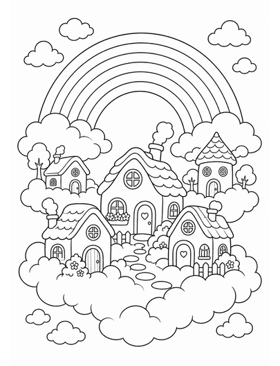 Rainbow Over Cozy Cloud Village printable coloring page from the rainbow coloring page collection
