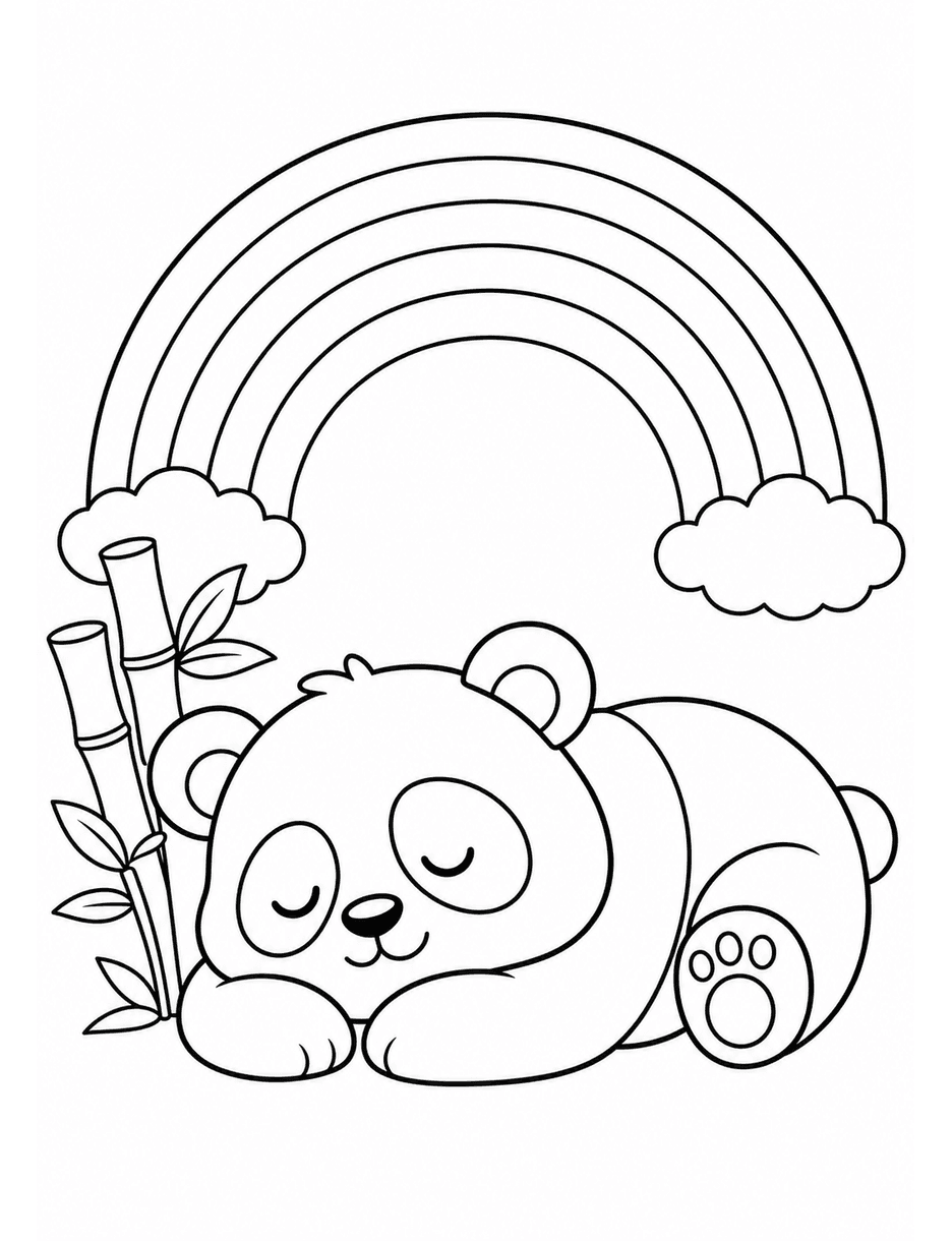 Rainbow Over Sleepy Panda With Bamboo printable coloring page from the rainbow coloring page collection