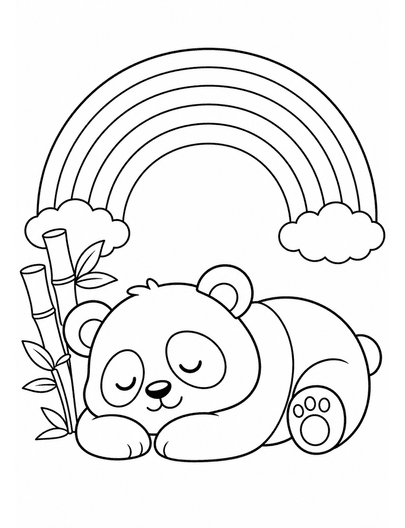 Rainbow Over Sleepy Panda With Bamboo printable coloring page from the rainbow coloring page collection