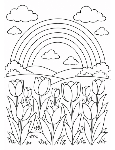 Rainbow Over Tulip Meadow printable coloring page from the rainbow coloring page collection