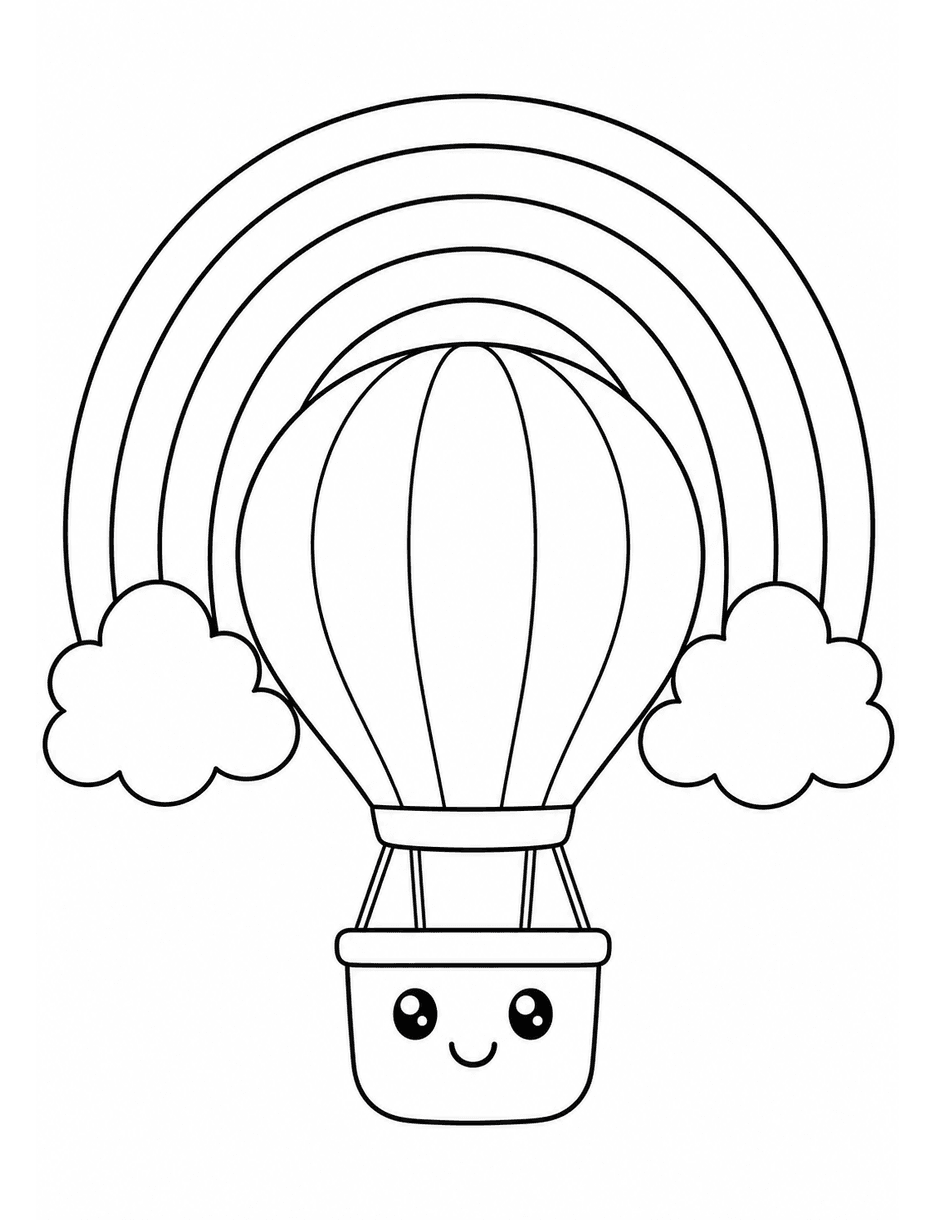 Rainbow With A Hot Air Balloon And Clouds printable coloring page from the rainbow coloring page collection