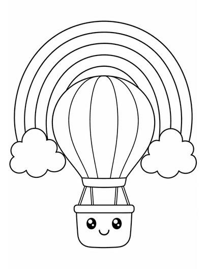 Rainbow With A Hot Air Balloon And Clouds printable coloring page from the rainbow coloring page collection
