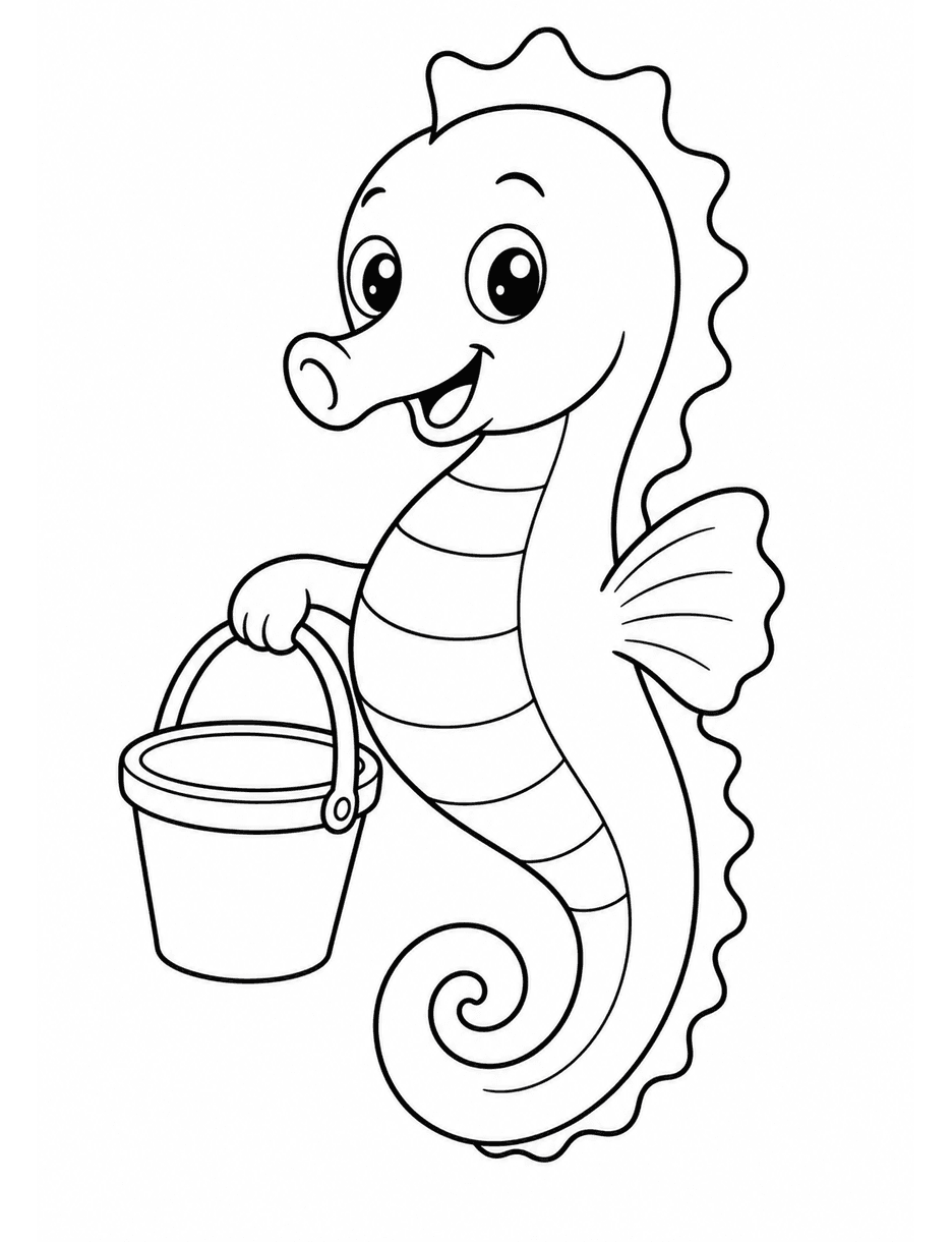 Cheerful Seahorse With A Beach Bucket printable coloring page from the summer coloring pages collection