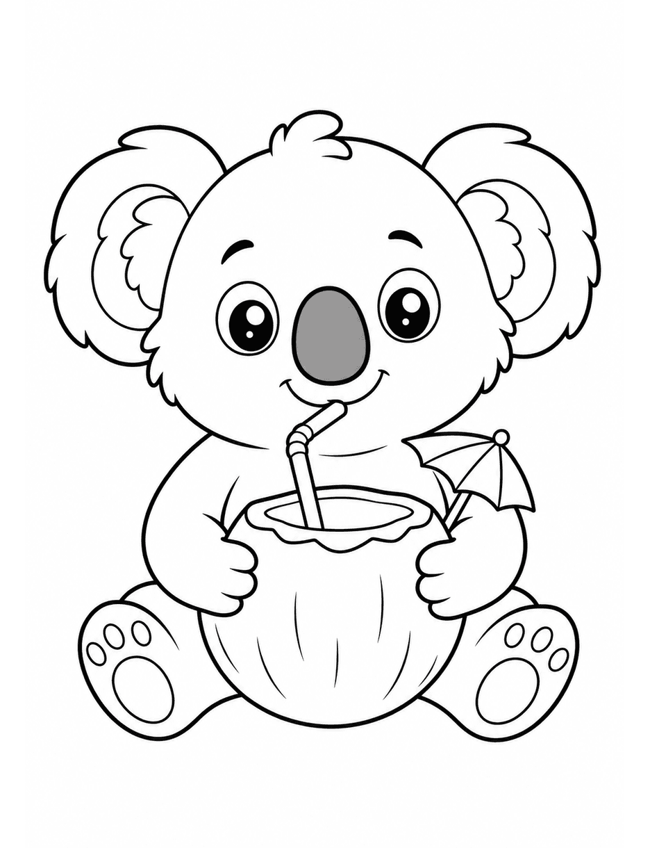 Cute Beach Koala With A Coconut Drink printable coloring page from the summer coloring pages collection