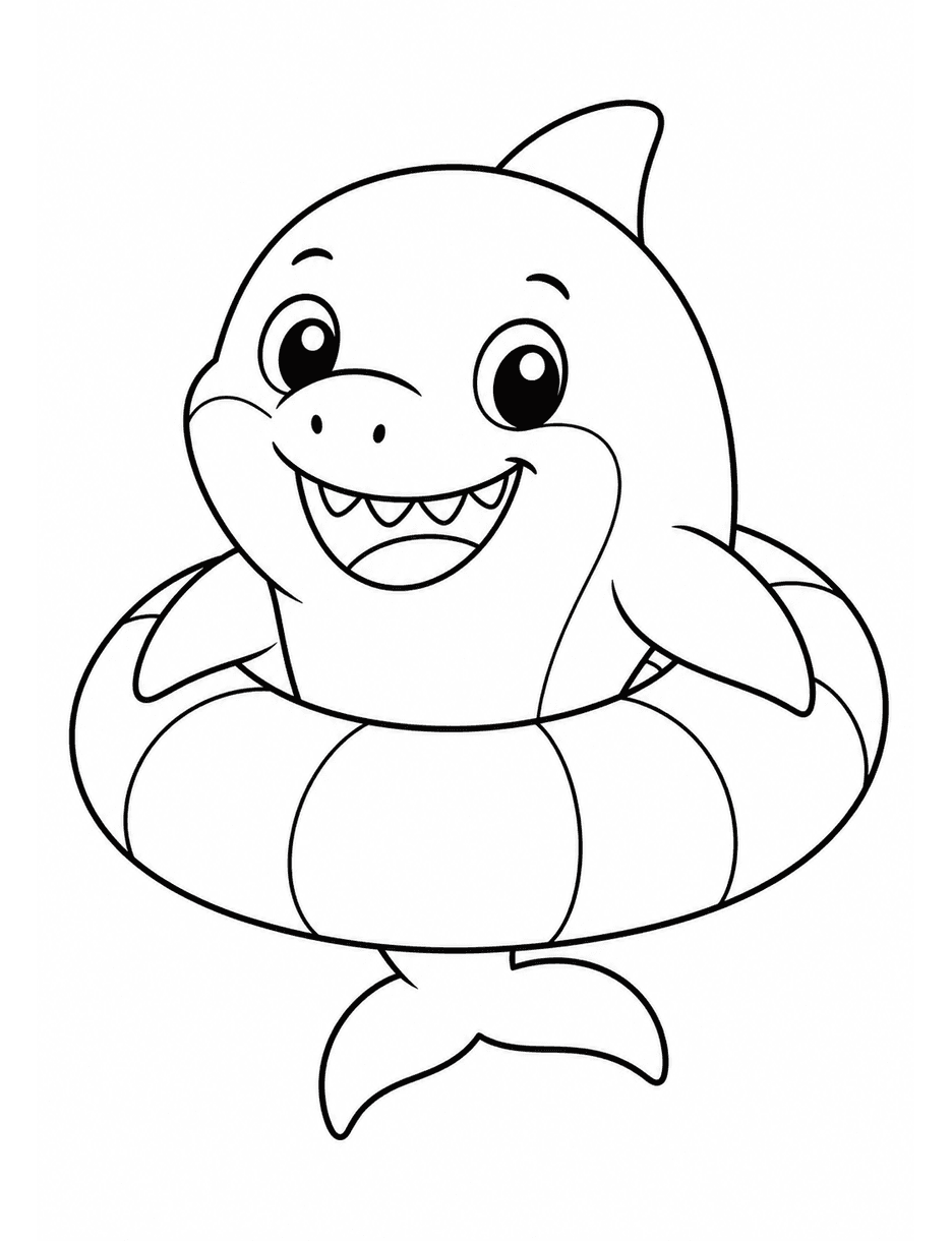Cute Shark With A Beach Float Ring printable coloring page from the summer coloring pages collection