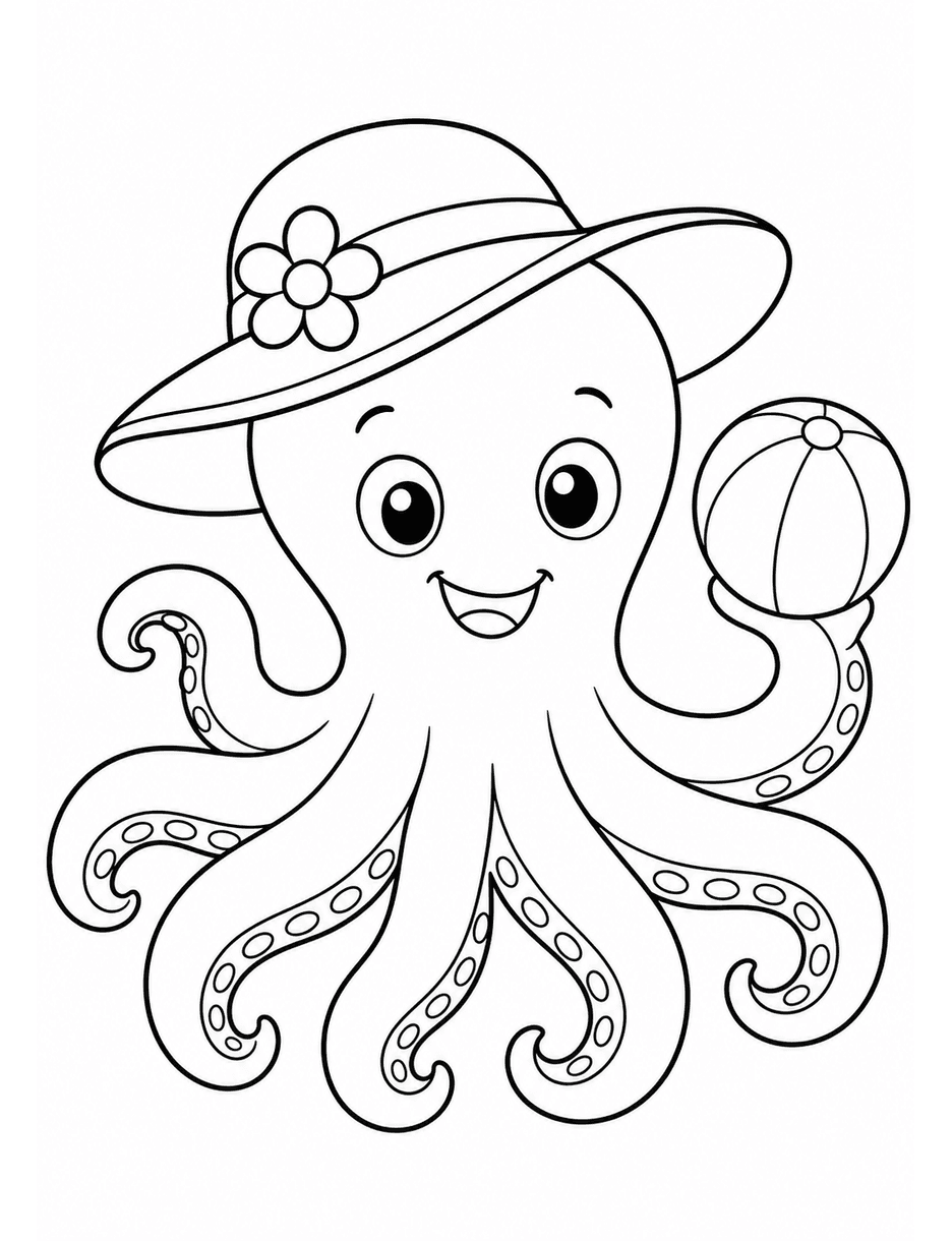 Friendly Octopus With A Sun Hat printable coloring page from the summer coloring pages collection