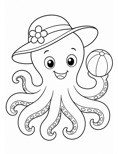 Friendly Octopus With A Sun Hat printable coloring page from the summer coloring pages collection