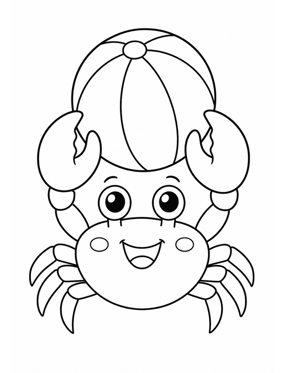 Happy Crab Holding A Beach Ball printable coloring page from the summer coloring pages collection