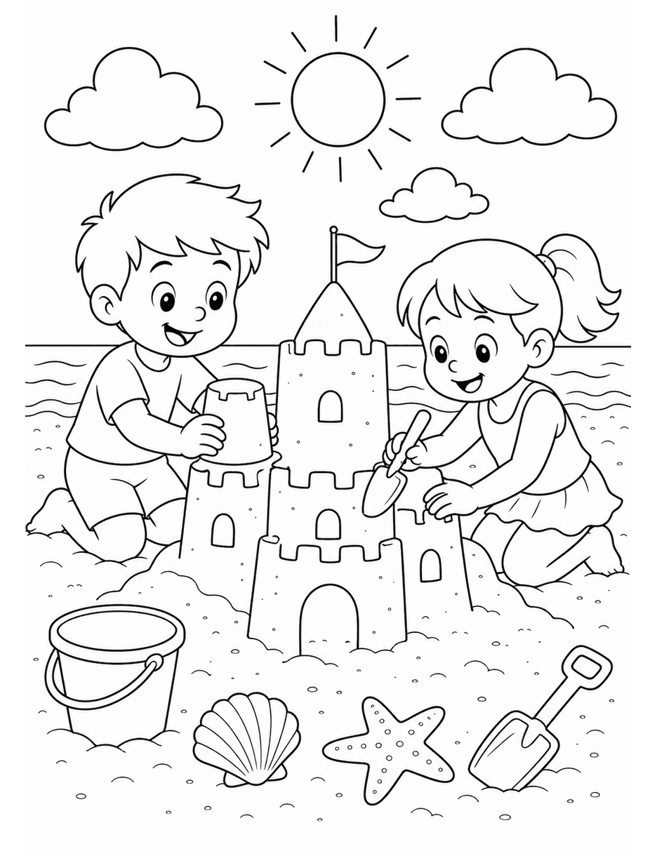 Kids Building Sandcastle printable coloring page from the summer coloring pages collection