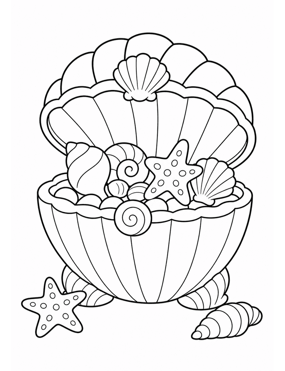 Seashell Treasure Chest On The Beach printable coloring page from the summer coloring pages collection