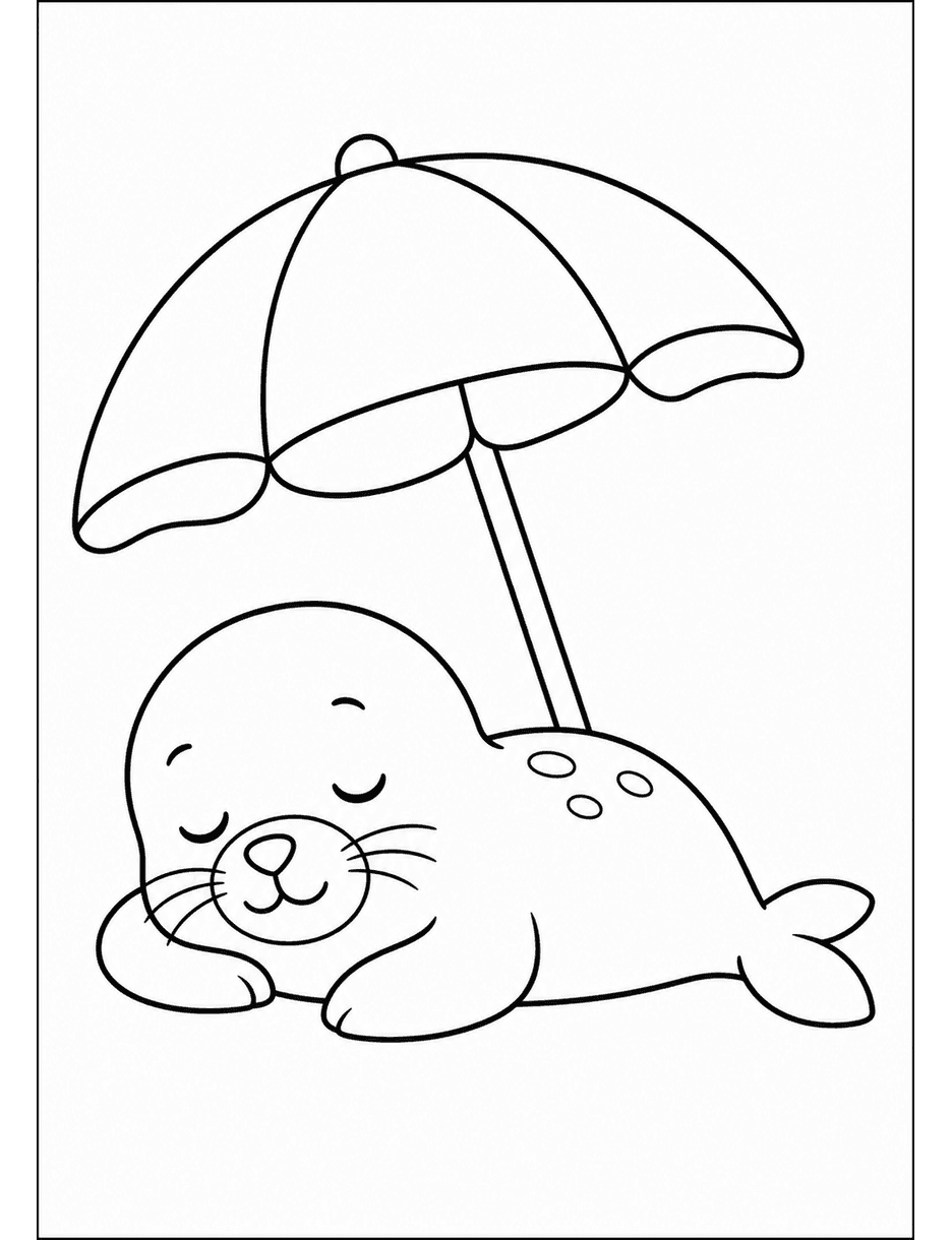 Sleepy Seal With A Beach Umbrella printable coloring page from the summer coloring pages collection