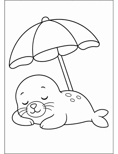 Sleepy Seal With A Beach Umbrella printable coloring page from the summer coloring pages collection