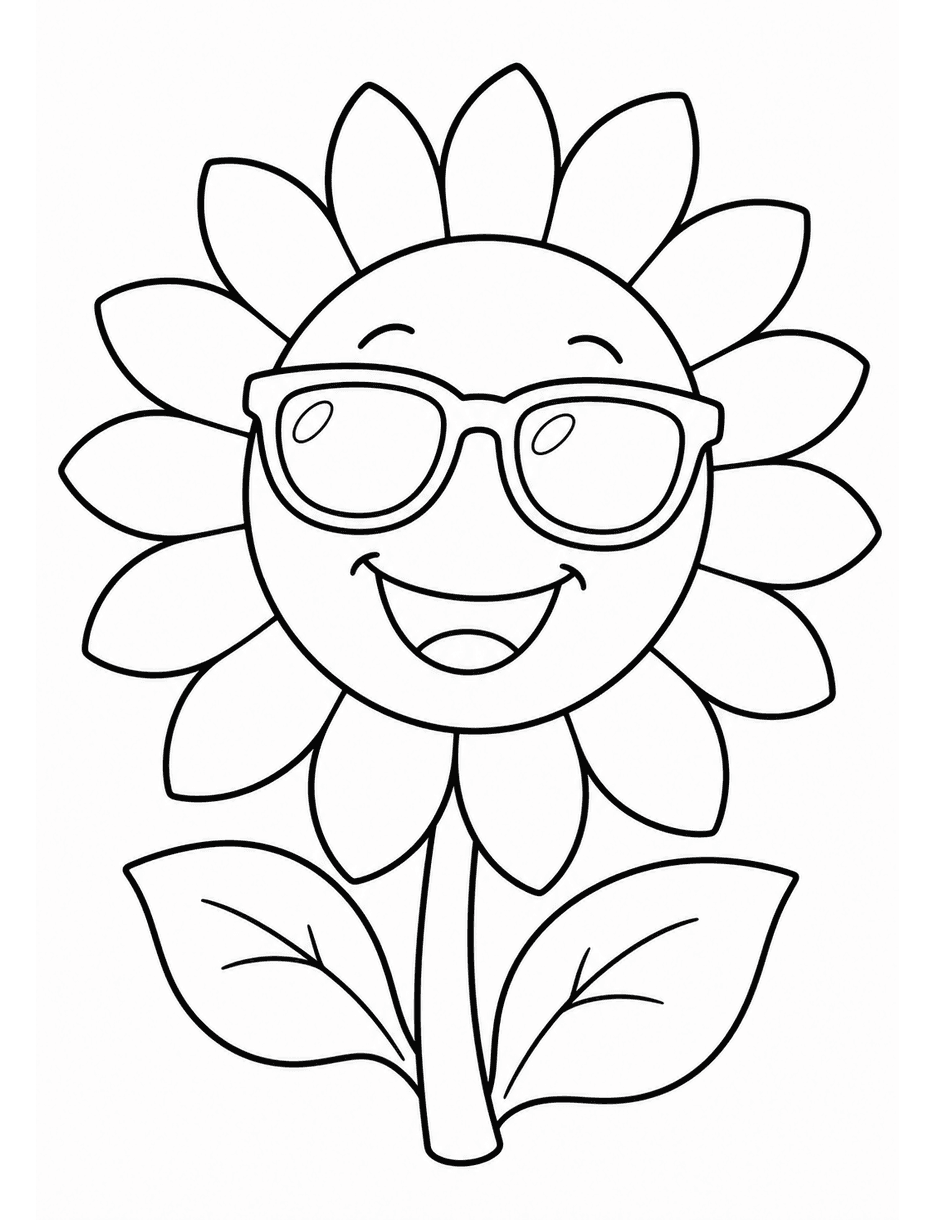 Smiling Sunflower Wearing Sunglasses printable coloring page from the summer coloring pages collection
