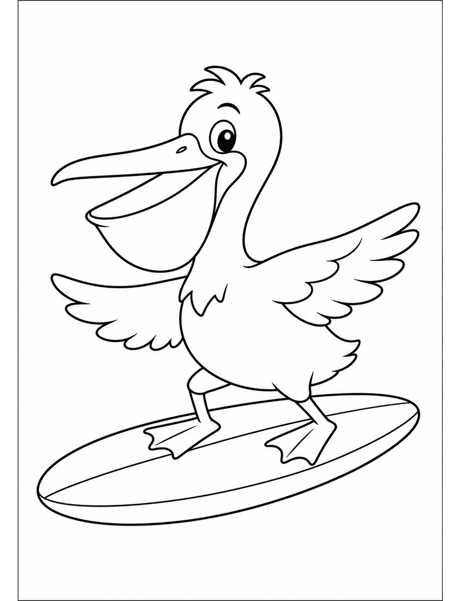 Sunny Pelican Riding A Surfboard printable coloring page from the summer coloring pages collection