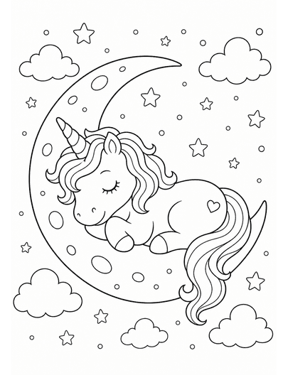 Sleeping Unicorn Moon printable coloring page from the unicorn coloring pages collection
