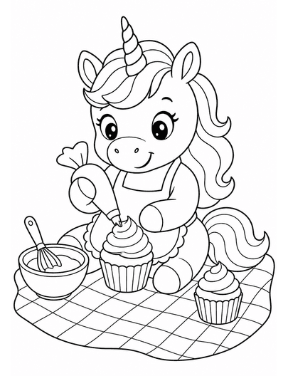 Unicorn Baking Cupcakes On A Picnic Blanket printable coloring page from the unicorn coloring pages collection