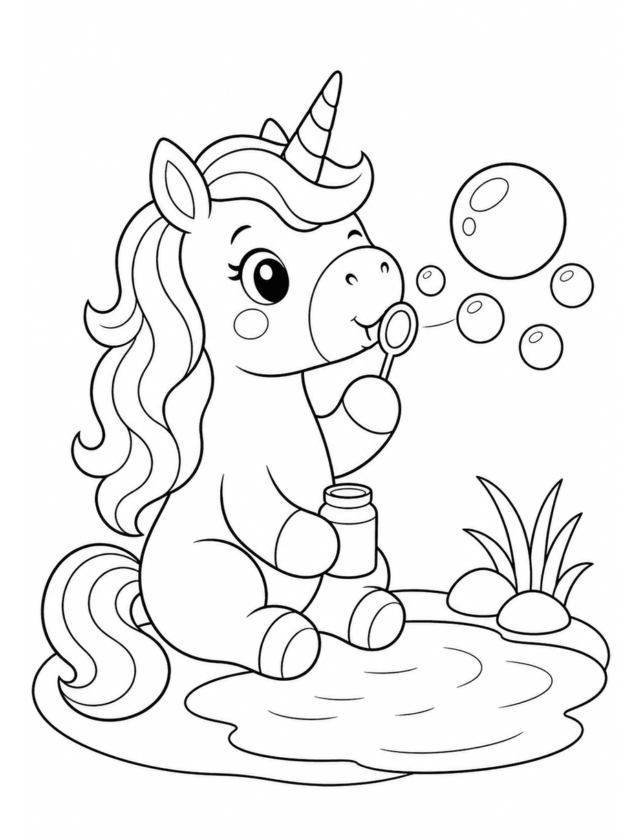 Unicorn Blowing Bubbles Beside A Pond printable coloring page from the unicorn coloring pages collection