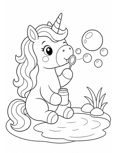 Unicorn Blowing Bubbles Beside A Pond printable coloring page from the unicorn coloring pages collection