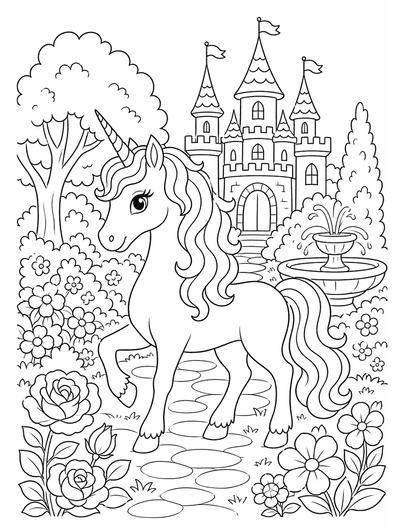 Unicorn Castle Garden Coloring Page coloring page preview
