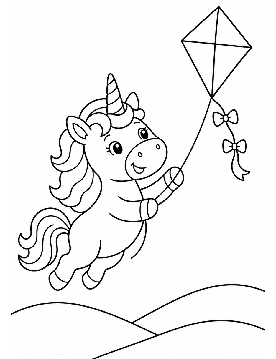 Unicorn Flying A Kite Over Hills printable coloring page from the unicorn coloring pages collection