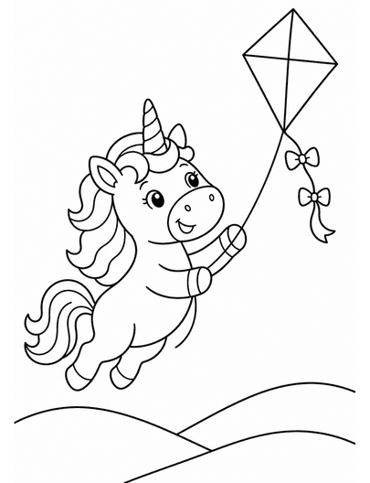 Unicorn Flying A Kite Over Hills printable coloring page from the unicorn coloring pages collection