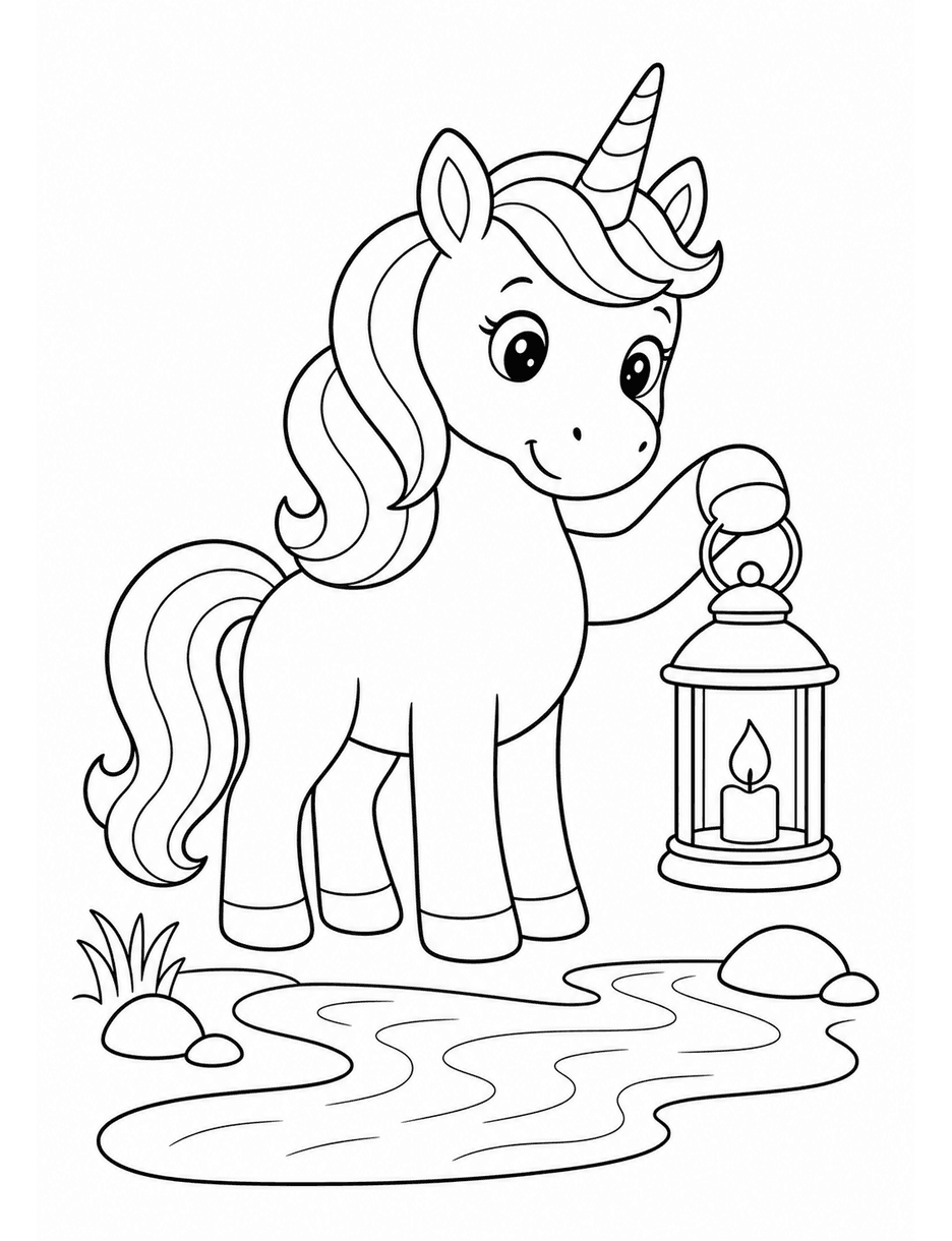 Unicorn Holding A Lantern By A Small Stream printable coloring page from the unicorn coloring pages collection