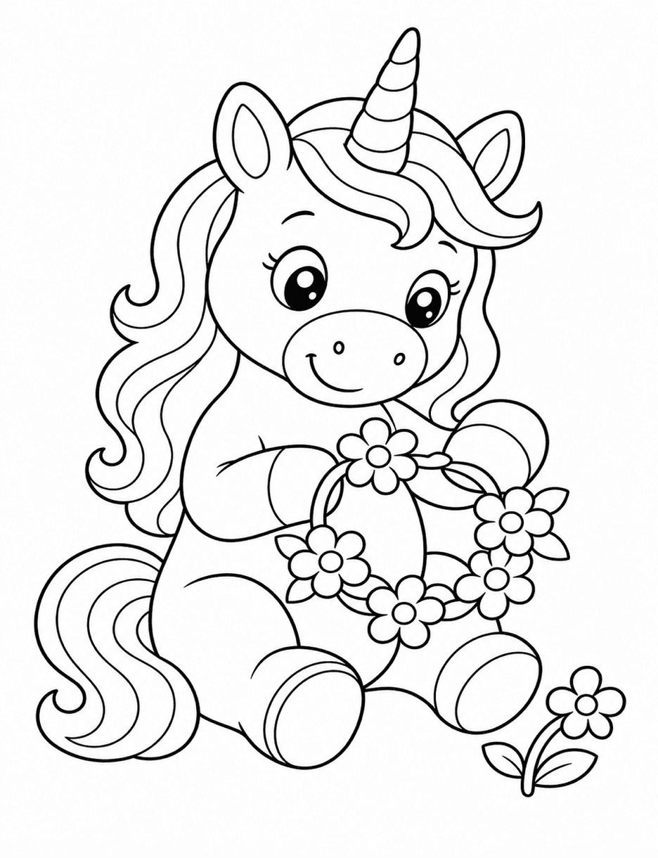 Unicorn Making A Flower Crown printable coloring page from the unicorn coloring pages collection