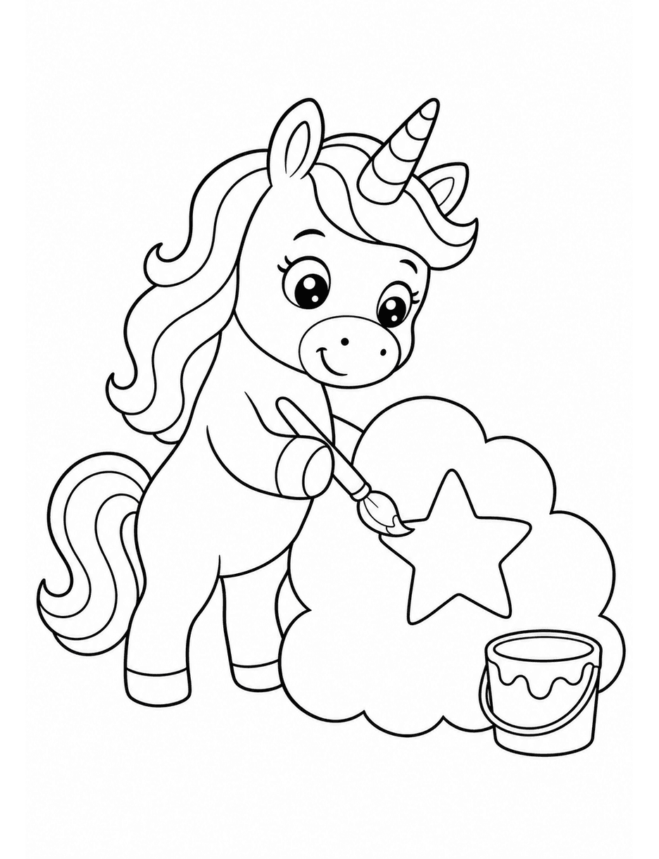 Unicorn Painting A Star On A Cloud printable coloring page from the unicorn coloring pages collection