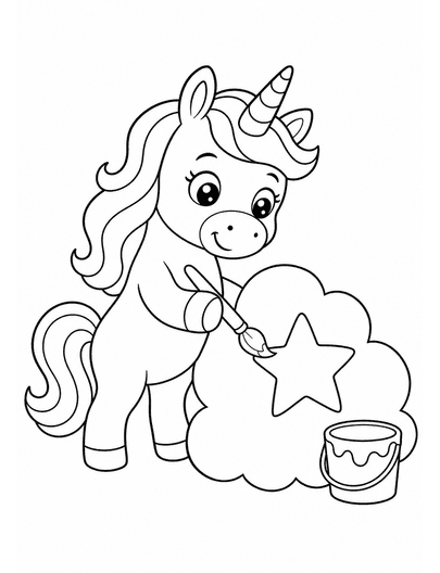 Unicorn Painting A Star On A Cloud printable coloring page from the unicorn coloring pages collection