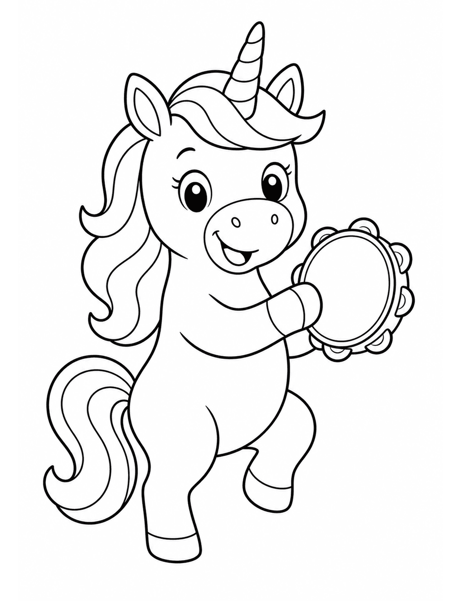 Unicorn Playing A Tambourine printable coloring page from the unicorn coloring pages collection