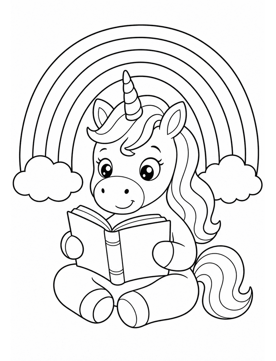 Unicorn Reading A Book Under A Rainbow printable coloring page from the unicorn coloring pages collection