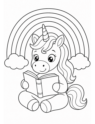 Unicorn Reading A Book Under A Rainbow printable coloring page from the unicorn coloring pages collection