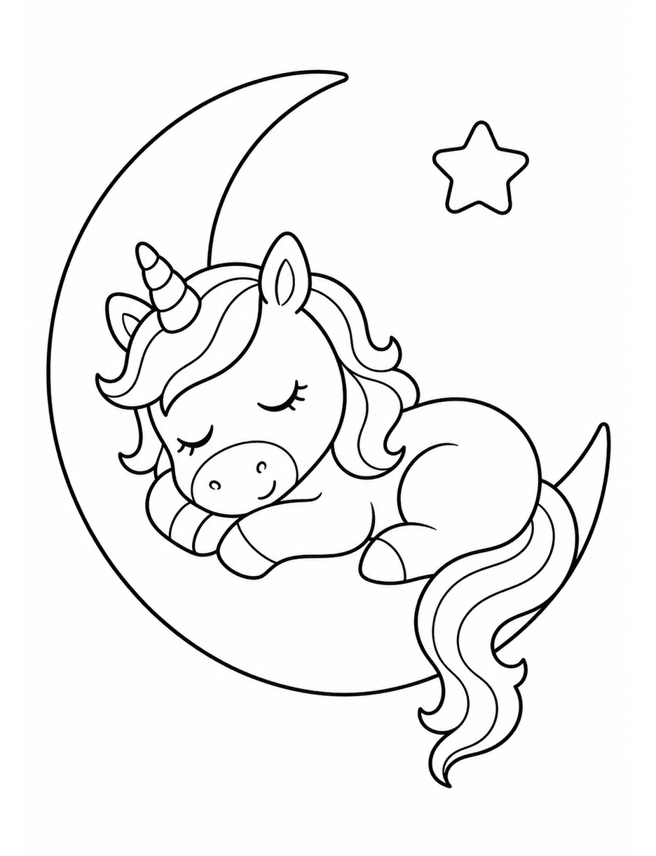 Unicorn Sleeping On A Crescent Moon printable coloring page from the unicorn coloring pages collection