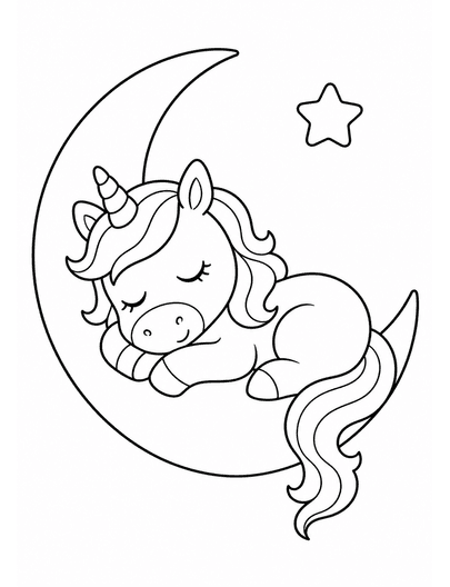 Unicorn Sleeping On A Crescent Moon printable coloring page from the unicorn coloring pages collection